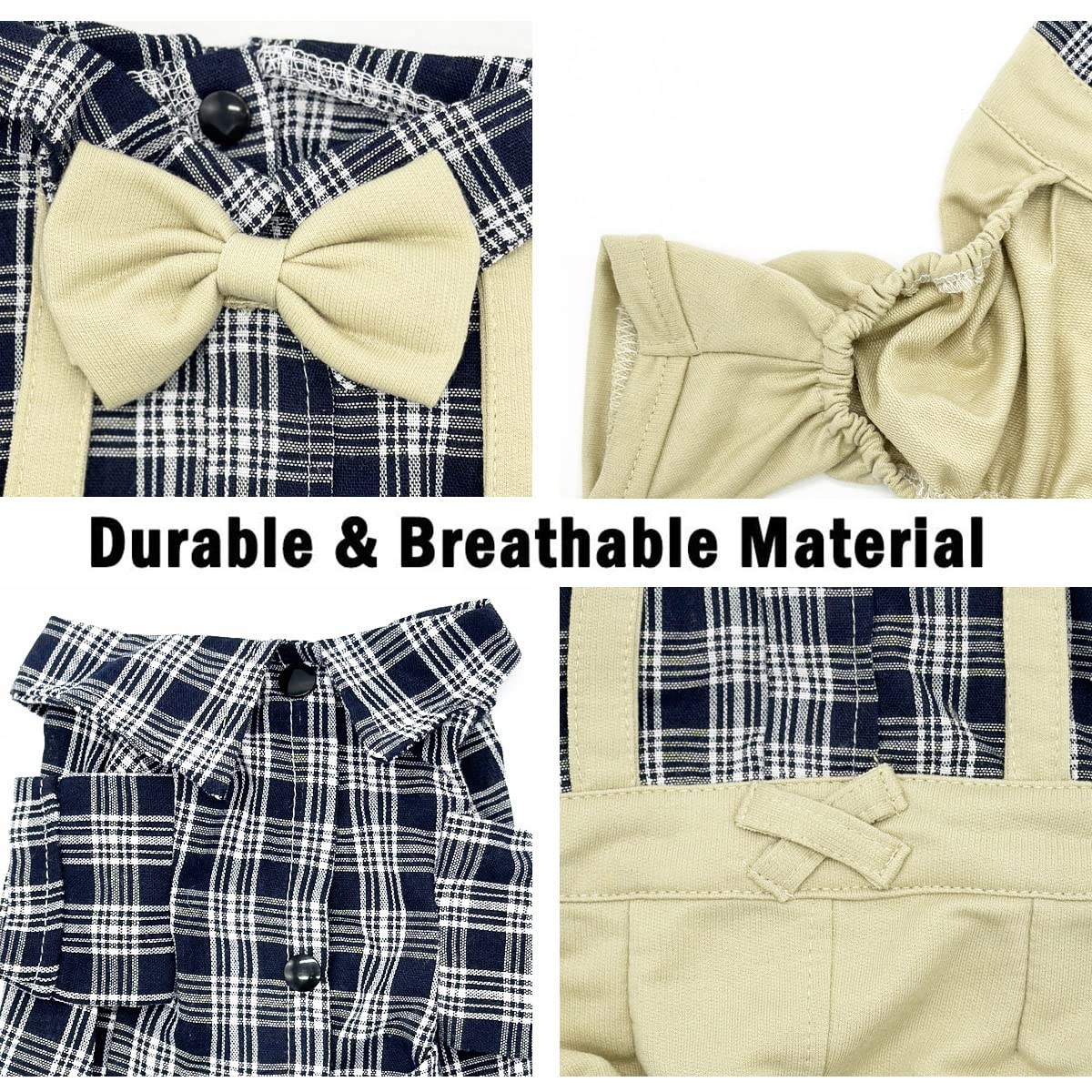 Pet Clothes Dog Shirts Classic Plaid Striped Overall Jumpsuit, Gentle Puppy Wedding Birthday Western Onesies Apparel, Fashion Daily Outfit with Bowtie for Dogs and Cats (X-Small, Khaki)