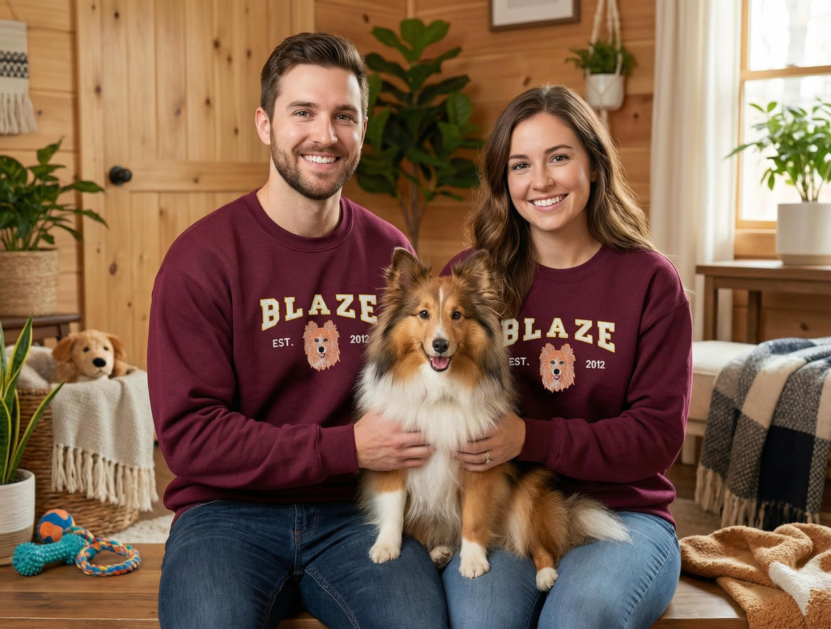 COUPLEHOODIES Personalized Dog Portrait Hoodie, Sweatshirt, or Shirt β Custom Pet Embroidered Gift from Photo β Dog Mom or Dad Birthday Gift (Maroon)