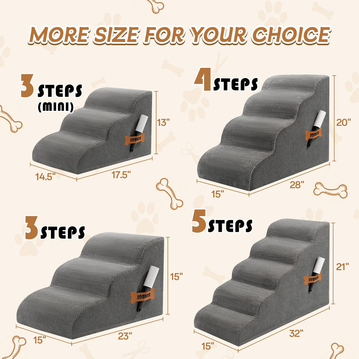 Romrol Dog Stairs Ramp for Small Dogs, 33D Pet Stairs Steps with Durable Non-Slip Waterproof Fabric Cover, Dog Slope Stairs to Bed for Small Dogs and Cats or Pets Joints, 3-Steps