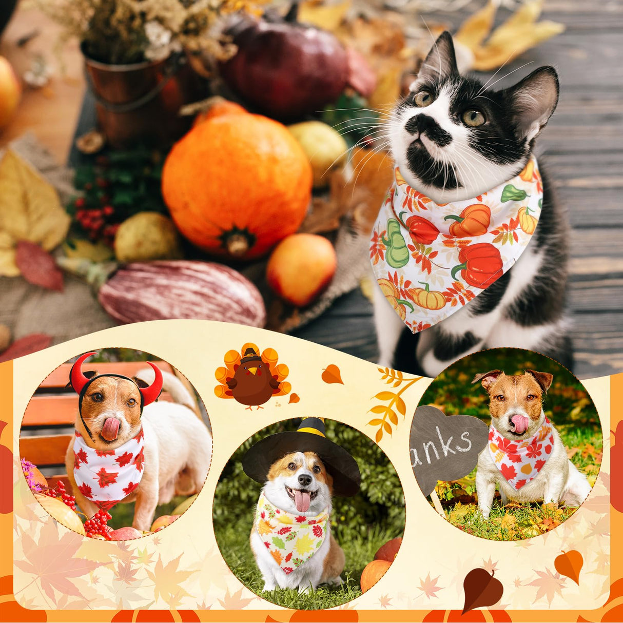Sweetude 50 Pieces Thanksgiving Fall Dog Bandanas Bulk Pumpkin Maple Leaves Autumn Plaid Bandanas for Dogs Soft Bibs Triangle Scarves for Small Medium Large Pets Costume(31.5 x 21.7 x 21.7 Inch)