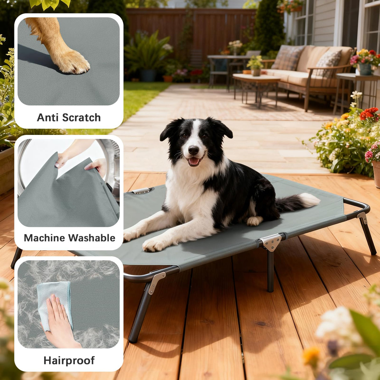 Folding Elevated Dog Bed for Large Dogs, Portable Raised Camping Outdoor Dog Bed, Washable Elevated Pet Beds with No-Slip Feet, Raised Cooling Pet Beds for Indoor & Outdoor Use, Grey, 44 Inches