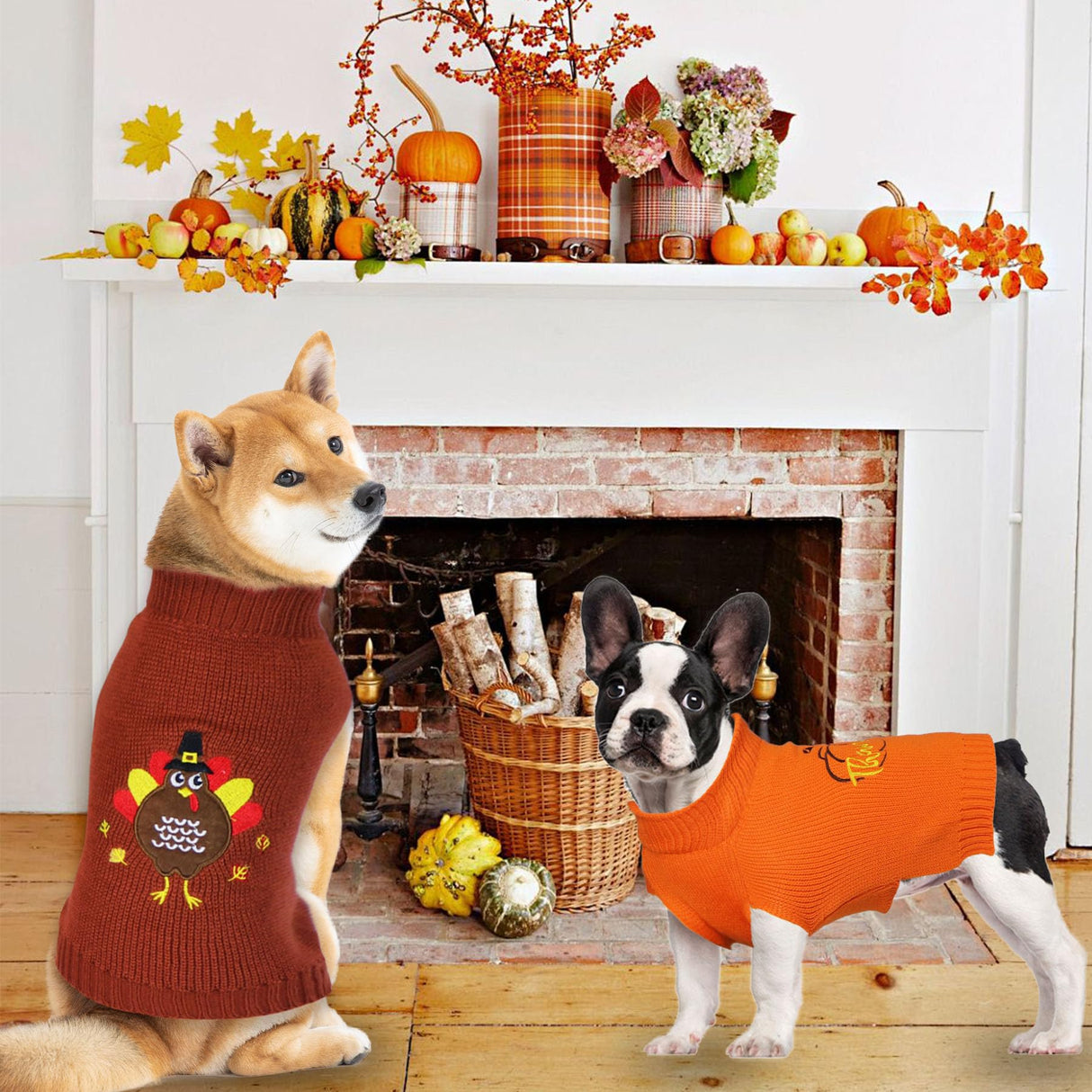 GOYOSWA 2 Pack Dog Thanksgiving Sweater, Knitted Thanksgiving Fall Holiday Dog Sweater Outfit Clothes for Small Medium Large Dogs Pets (Brown & Orange, Small)