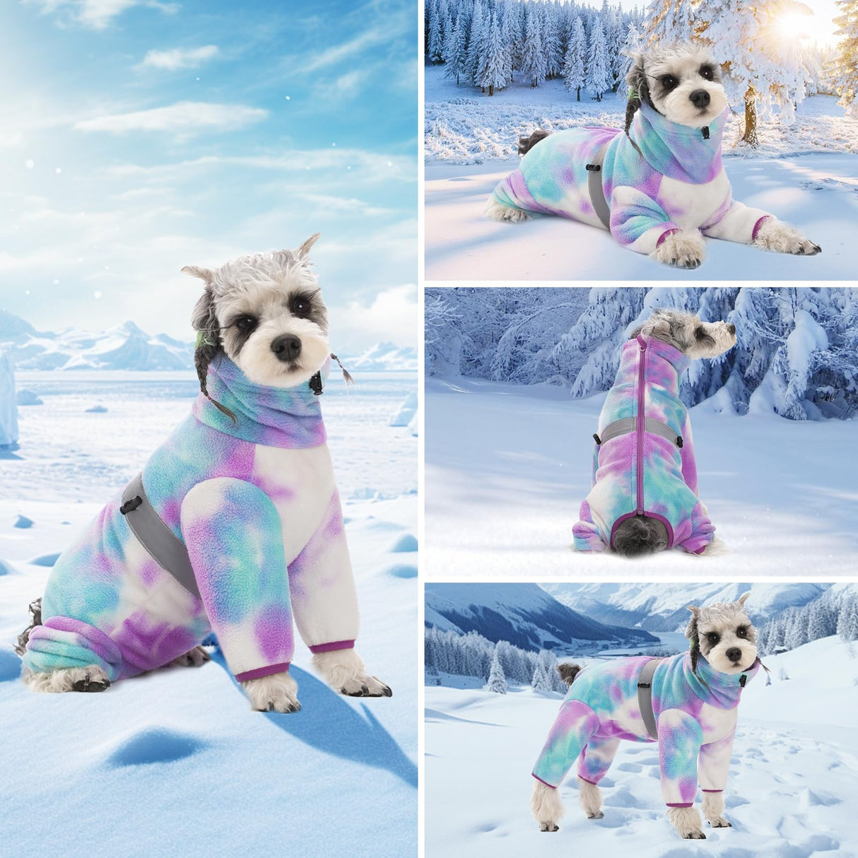 Dog Coats for Small Dogs, Polar Fleece Dog Pajamas Bodysuit, Puppy Onesies Tie Dye Jumpsuits, Dogs Warm Clothes Four-Legged, Doggie Fullbody Winter Jacket Vest
