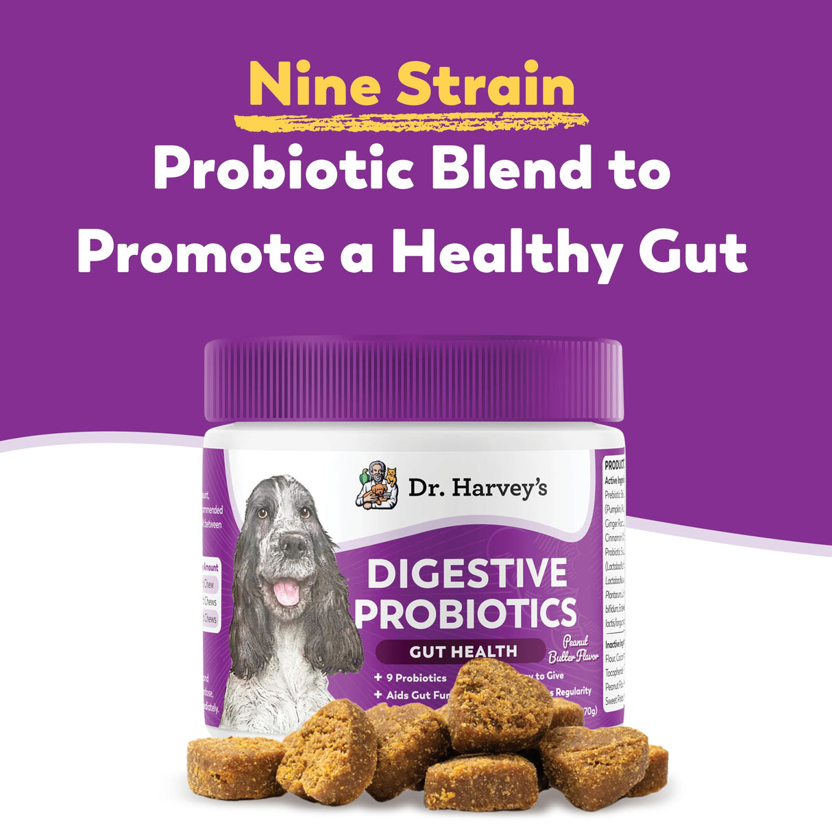 Dr. Harvey's Digestive Probiotic Soft Chews for Dogs, 9 Probiotics for Gut Health, Diarrhea and Bowel Support, Peanut Butter Flavor (90 Chews)