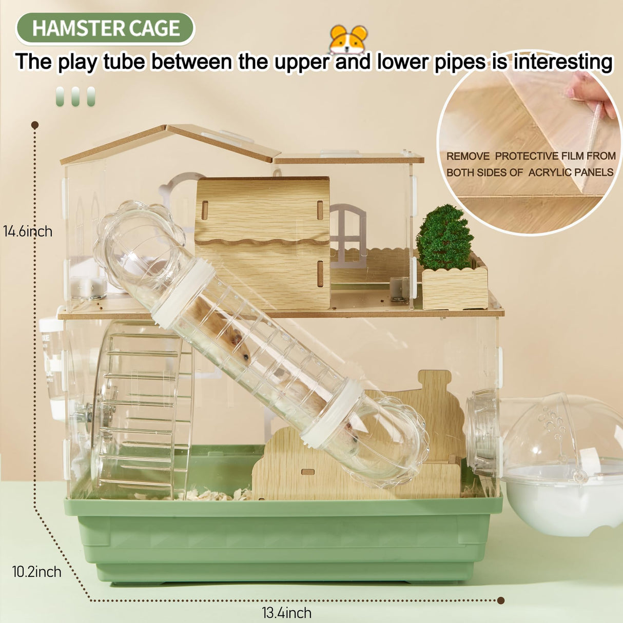 12 in 1 Clear Acrylic Hamster Cage with All Accessories,13.5''L* 10''W* 15''H Dwarf Hamster Cage,Magnetic Connection Small Hamster Enclosure,Garden Style Wooden Mouse Cage for Pet Mice(2-Layer,Green)