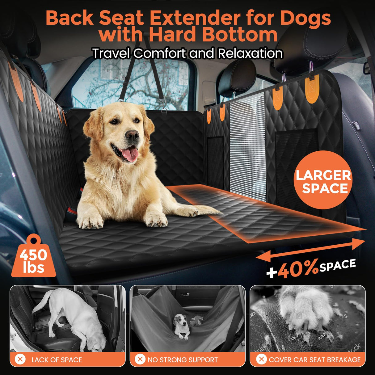 Chioratree Dog Car Seat Cover for Back Seat Hard Bottom - Waterproof Back Seat Extender for Dogs Holds 500 lbs, Scratch-Proof and Anti-Slip Dog Hammock for Car, SUV, Small Truck, Black