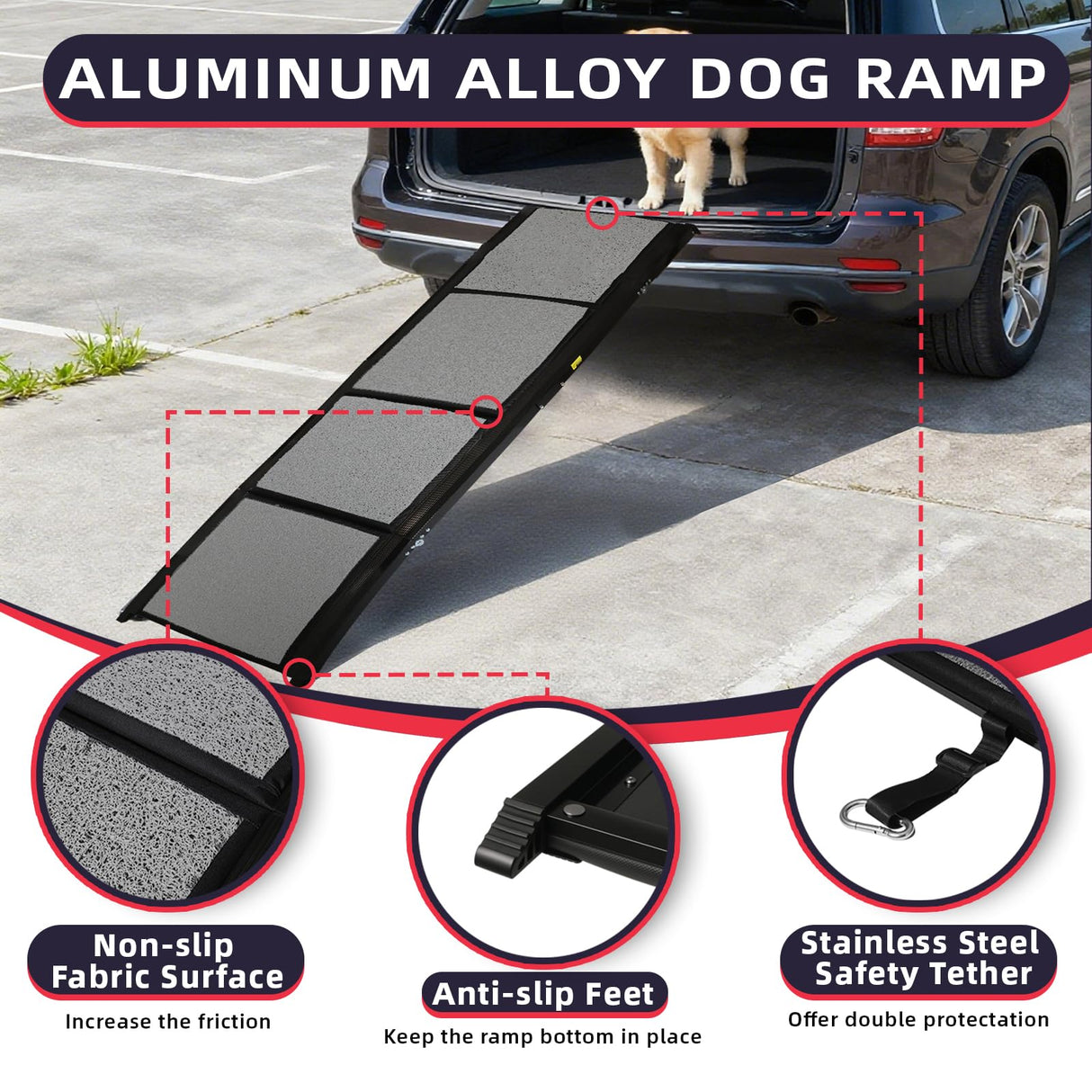 PENSUN Dog Ramp for Car, 71" x 20" Foldable Pet Ramp with Non-Slip Rug Surface, Portable Dog Car Ramp for Medium & Large Dogs Up to 250LBS Enter SUV Car & Truck
