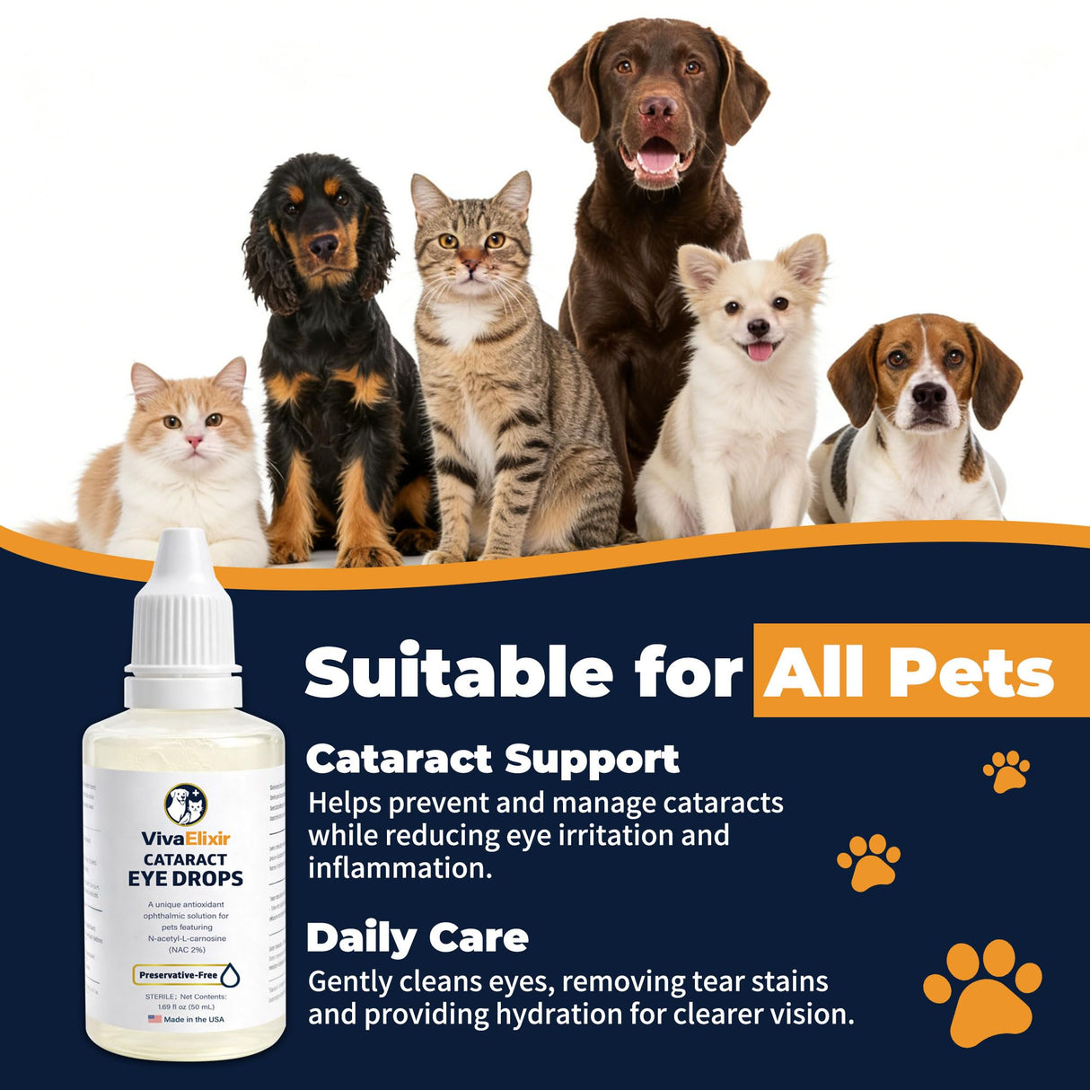 Dog Eye Drops, Cataract Eye Drops for Dogs, Daily Eye Care for Moisture, Comfort & Cleanliness, Tear Stain Support, Lubricating Ophthalmic Solution & Sodium Hyaluronate, Gentle Formul -50ML