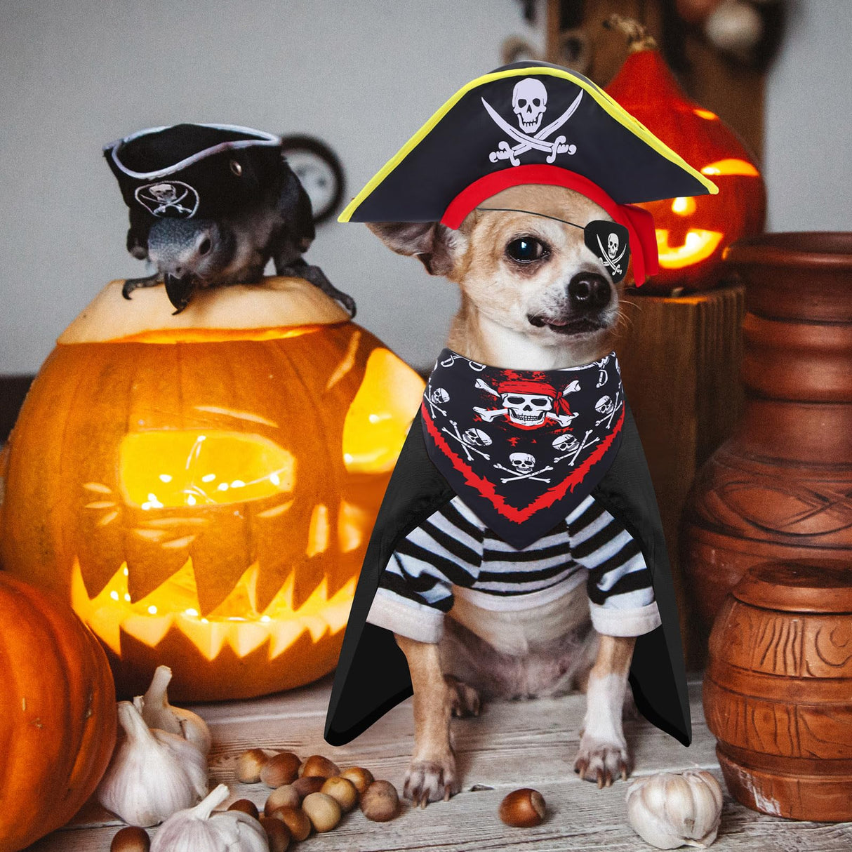 4 Pcs Dog Pirate Costume Set Dog Pirate Hat Pet Skull Triangle Bandana Puppy Cape and Eye Mask for Halloween Outfits Accessories