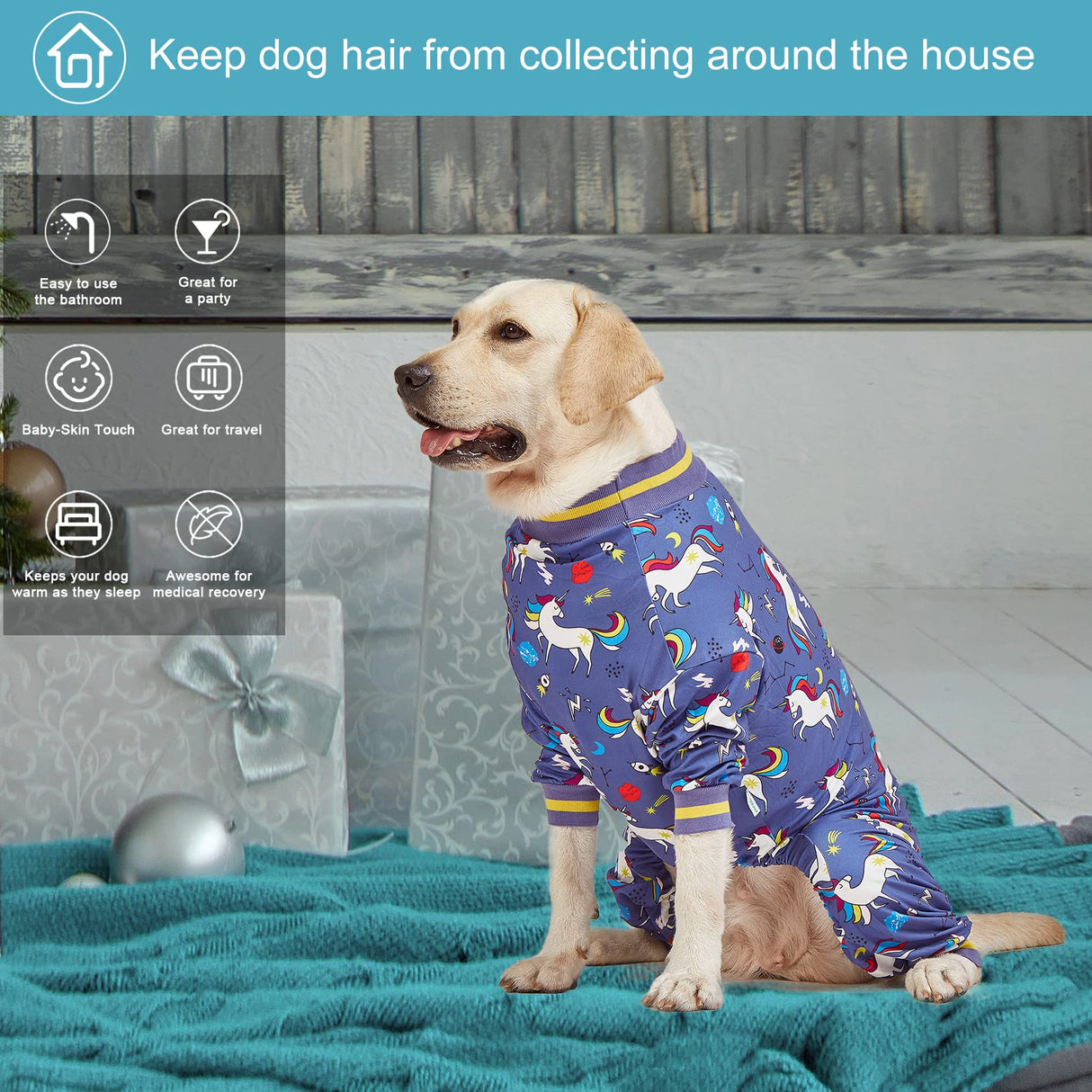 LovinPet Large Breed Dog Onesie Clothes, Slim Fit/Stretchy Knit, Unicorn Rocket Grey Print, Pet Anxiety Relief, Wound Care/Post Surgery Large Dog Shirt, UV Protection, Stop Shedding for Dogs, M