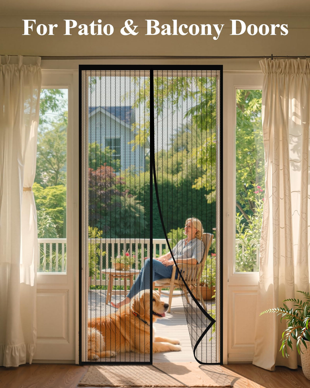 Magnetic Screen Door - 38.0'' x 82.0'' Retractable Screen Door Mesh for Entry Door or Sliding Door, Pet & Kid Friendly, Hands-Free Closure Keeps Bugs Out & Lets Breeze in, Stripe Black