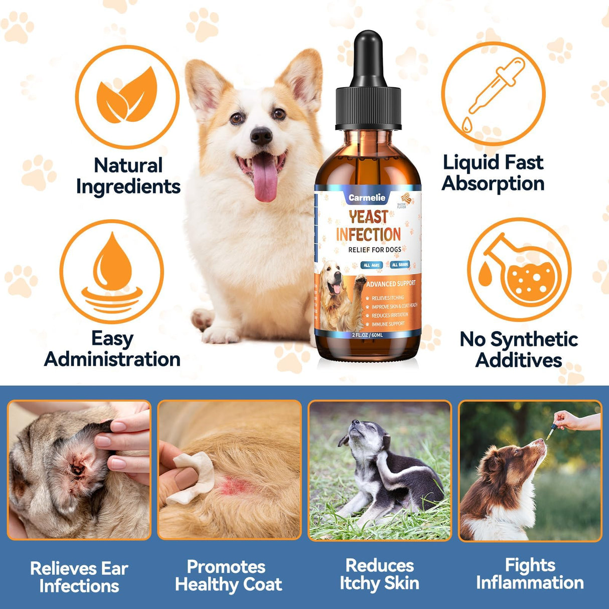 Natural Yeast Relief for Dogs, Supports Healthy Itch Relief, Dog Ear Discomfort Care, Itch Relief for Dog, Allergy Supports, Inflammation Relief for Dogs, 60ml