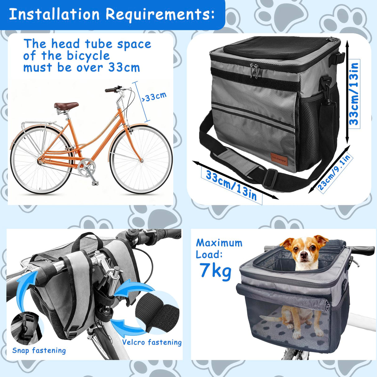 VeluXanipyr Dog Bike Basket,Cat Backpack Carrier,Dog Bike Carrier Hard,Pet Car Seat with Extended Single Shoulder Strap,Pet Shoulder Bag with Pet Bath Brush,Disposable Pee Pads 5pcs,Gray