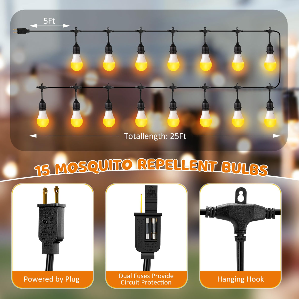 Qualirey Mosquito Repellent LED String Light for Outdoor, 25FT 7W Waterproof Mosquito Killer Light Bulbs Outdoor Bug Zapper for Patio Backyard Deck, Compatible with Tiki Bitefighter