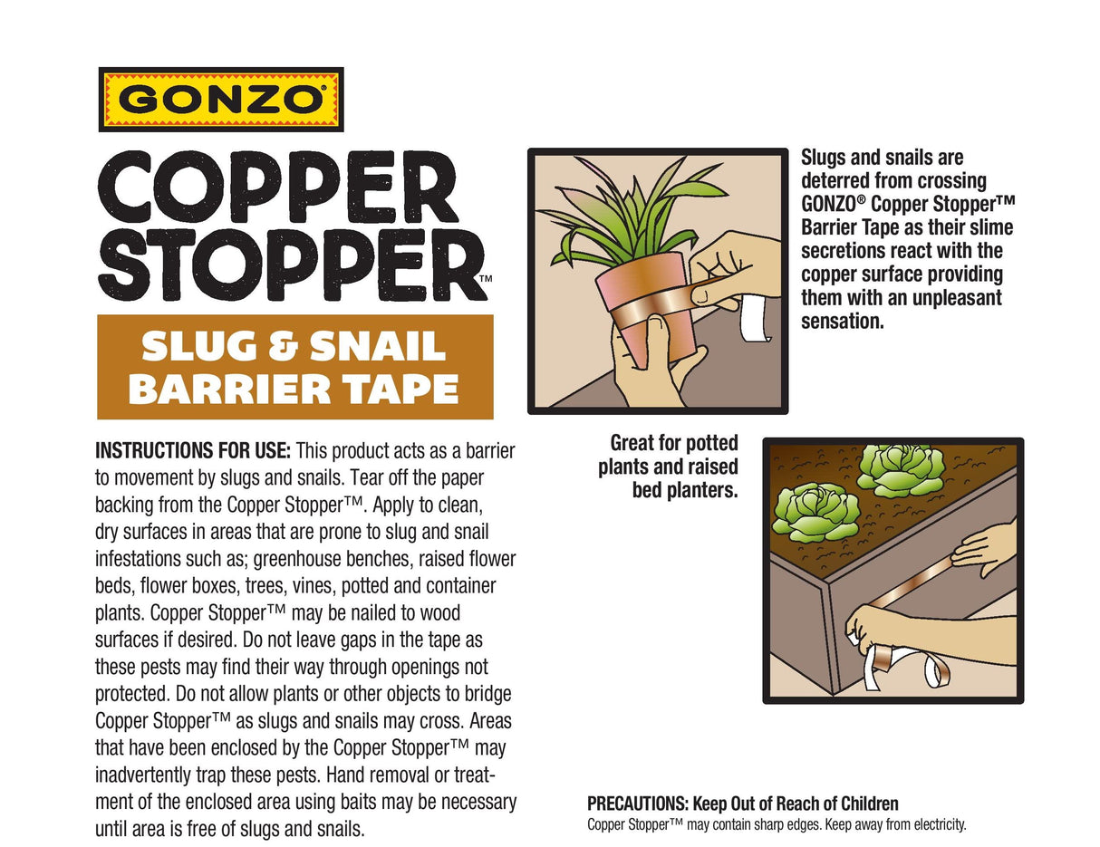 GONZO Copper Stopper Slug and Snail Barrier Tape 30 Feet - Non-Toxic Slug & Snail Repellent - Pet Safe - Plant Guards for Potted Plants - Pack of 1