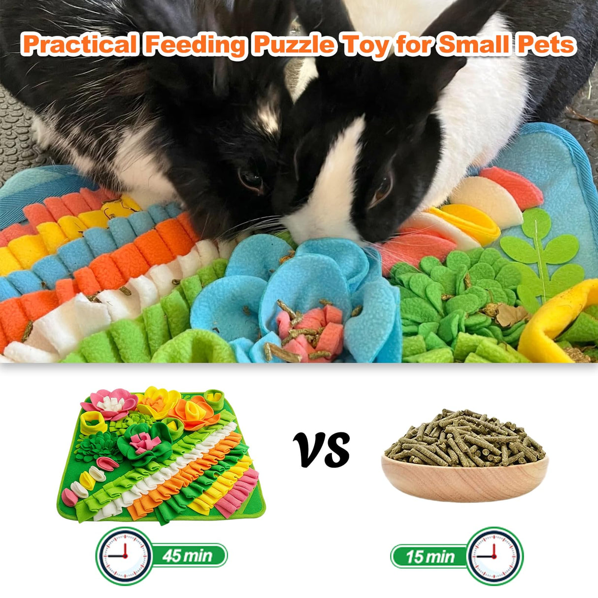 Adpartner Rabbit Foraging Mat, 20"x20" Pet Snuffle Mat Interactive Snuffle Feeding Toy for Rabbits Guinea Pigs Chinchillas, Washable Pet Feed Game Bunny Toys to Stimulate Natural Foraging Skills