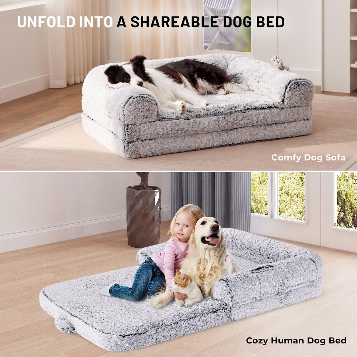 ZOMISIA Human Dog Bed for Adult, 2 in 1 Foldable Giant Dog Bed for People Fits Pet Families, Egg Foam Supportive Mat, Waterproof Liner, Faux Fur Human Size Pet Bed with Blanket, 71"x43"x10", Grey