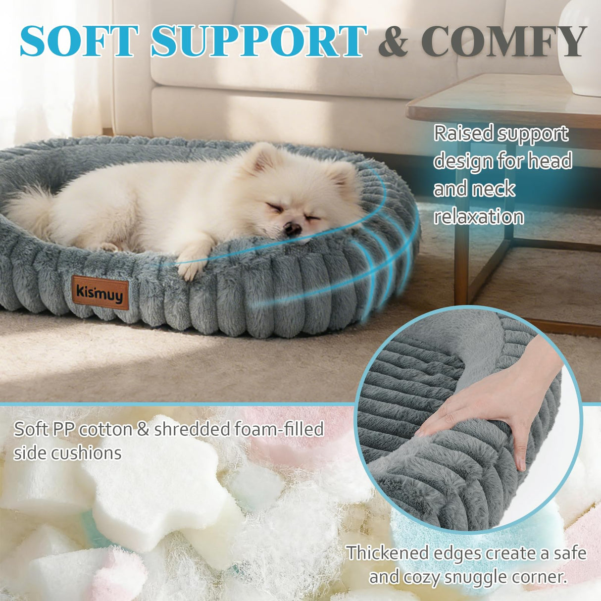 KISIMUY Cute Washable Dog Bed for Small Dogs -Soft Plush Calming Puppy & Cat Bed with Anti-Slip Bottom, Rectangle Anti-Anxiety Puppy Kennel Bed with Handle, 25" x 21" x 4",Grey