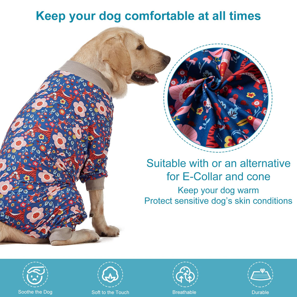 LovinPet Pit Bull Pajamas Large Dogs PJS - Tiger Garden Blue and Pink Print/Lightweight Stretchy Knit Big Dog Pullover Jammies, Large Breed Dog Pajamas, Pet PJ's/XXL