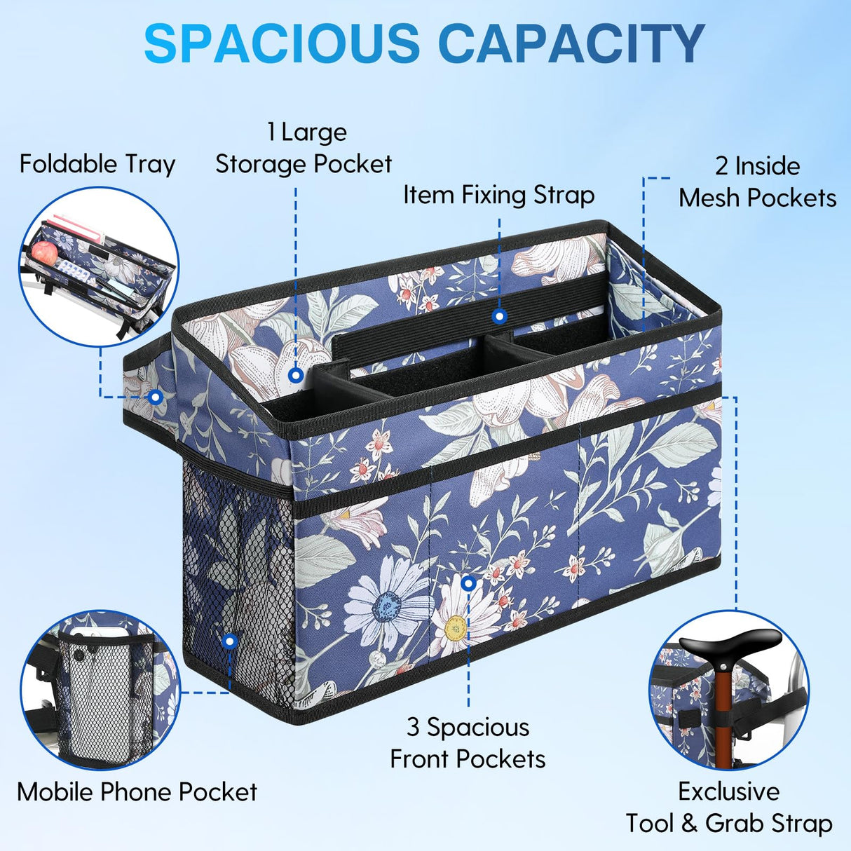 Rhino Valley Walker Basket for Folding Walker, Multi-Pocket Walker Tray with Cup Holder, Foldable Walker Bag, Large Storage Basket for Walker, Walker Accessories for Seniors, Blue Cosmos