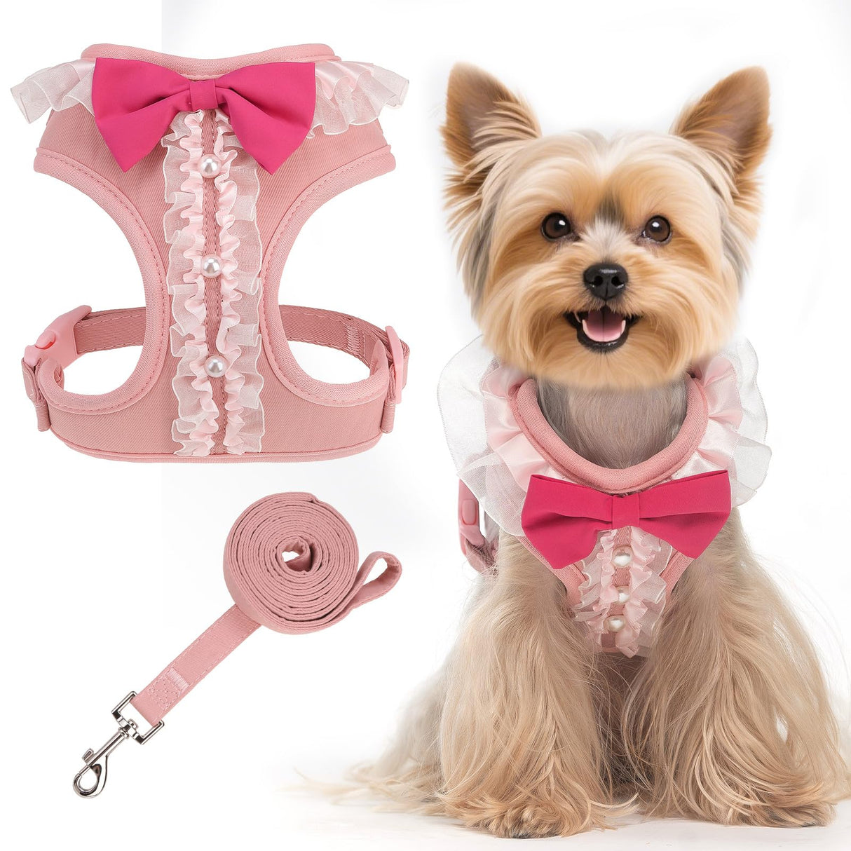 EXPAWLORER Cute Dog Harness, Pink Girl Adjustable No Pull Vest Harness and Leash Set, Soft Padded Step in Wedding Attire Suit Dress Costume with Bow Tie for Puppy Small Medium Female Dogs, X-Small
