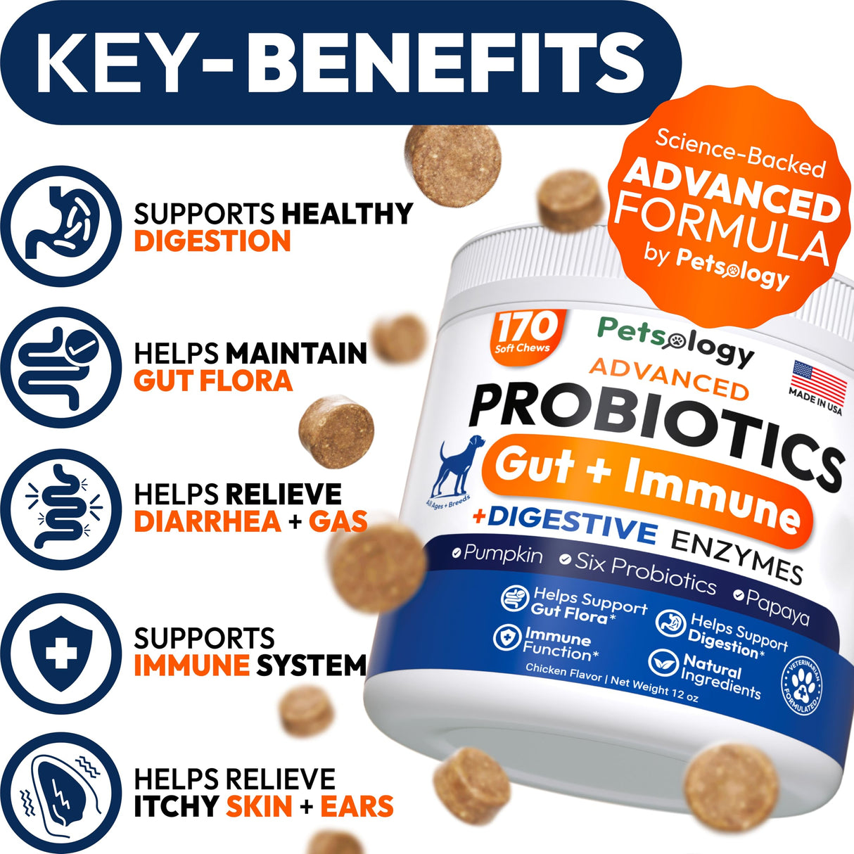 Probiotics for Dogs - 170 Dog Probiotics Chews - Digestive Enzymes & Prebiotics - Support Gut Health, Diarrhea, Gas & Constipation Relief - Itchy Skin, Allergies, Yeast Balance - Advanced Supplement