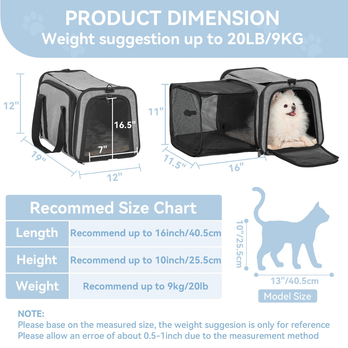 Petsfit 19"X12" X12" Expandable Pet Carrier, Square Expansion Reduces Pet Anxiety, Escape-Proof Self-Locking Zippers, 3 Easy-Access Entrances, for Cats & Small Dogs up to 18 lbs