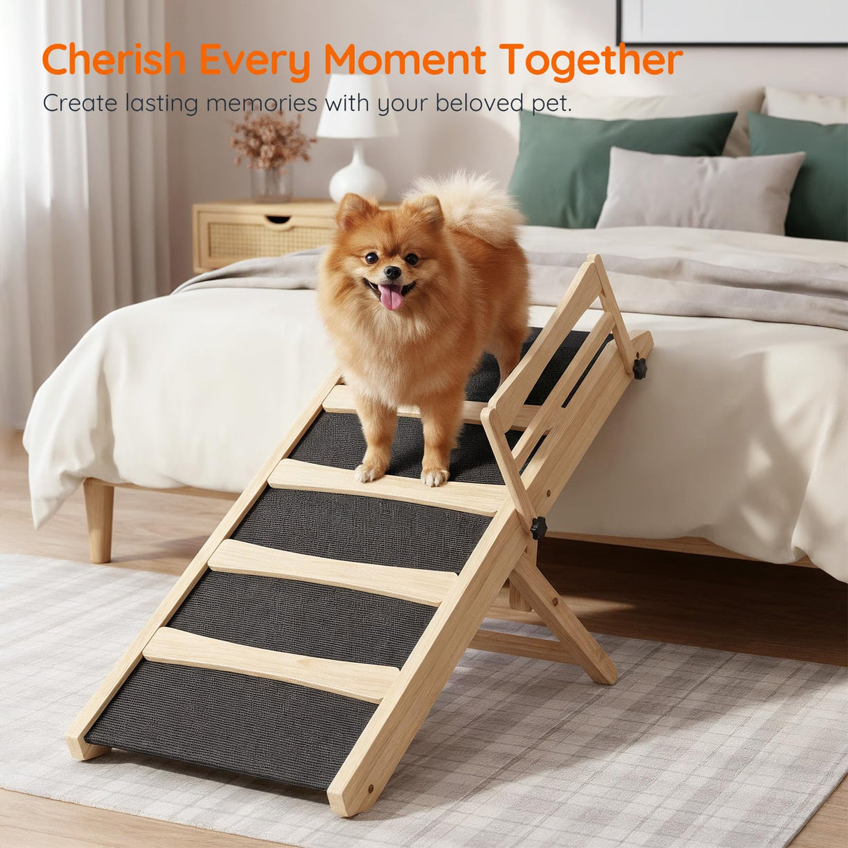 HOOBRO Dog Ramp for Bed, 15.7" Width Folding Pet Ramp with Guardrail and Non-Slip Mat, Dog Ramp for Couch, 4-Level Adjustable from 9.8" to 18.9", for Small Dogs, Natural and Black NB48PT03