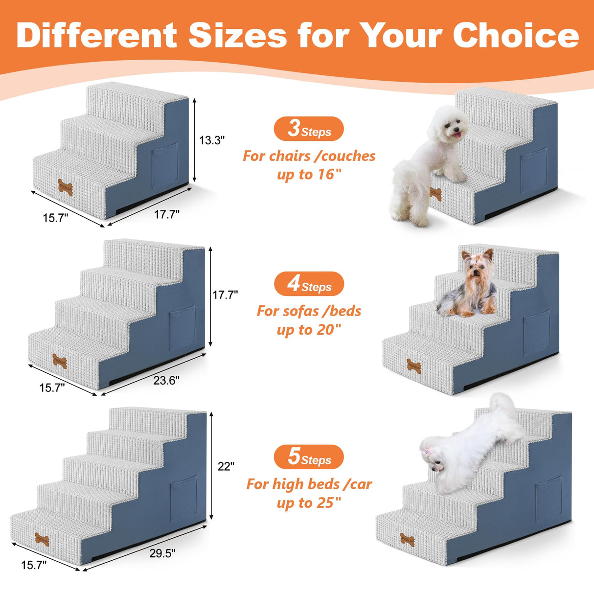 POCBLUE Dog Stairs for Small Dogs and Cats 22" H, 5-Step Pet Step for High Bed or Couch, Non-Slip Balanced Pet Ramp Indoor with High-Density Foam and Washable Cover, Grey