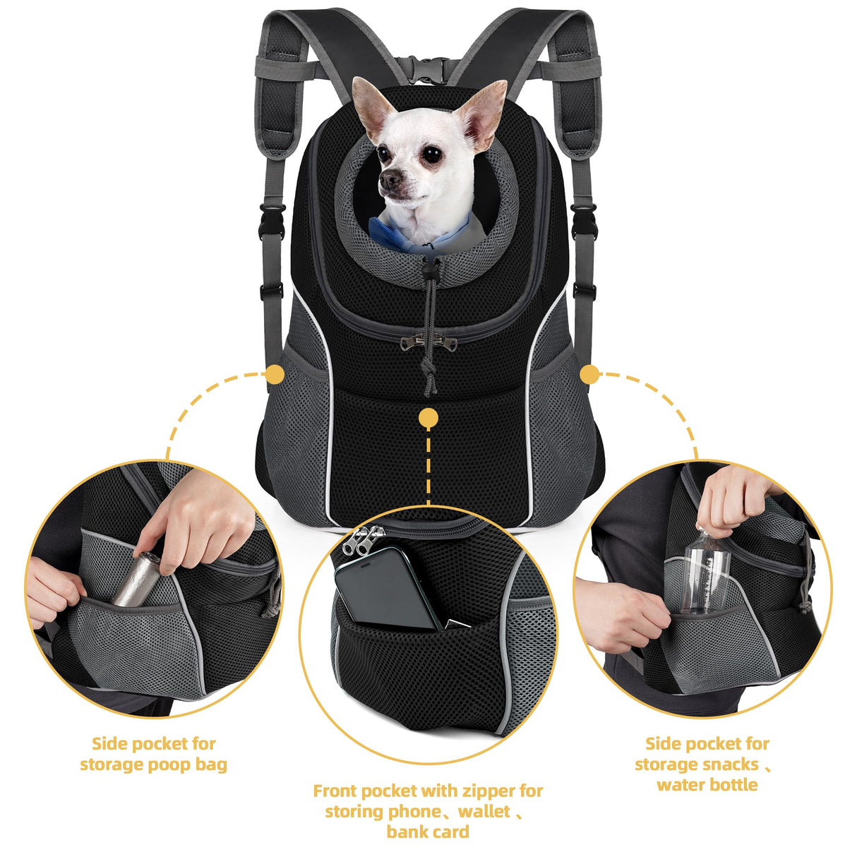 WOYYHO Pet Dog Carrier Backpack Small Dog Front Backpack Ventilated Dog Carrier Back Pack with Storage Pockets, Adjustable Straps & Safety Belt for Travel Hiking Outdoor (Size L: 10-14 lbs, Black)