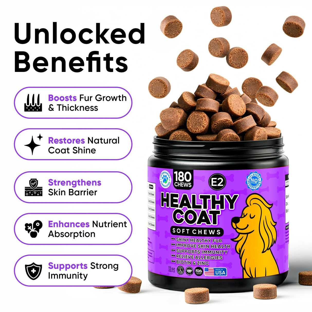 Omega 3 Fish Oil Chews for Dogs – Skin & Coat Supplement for Dog Allergy Chews- Anti Itch for Dogs - Soothes Itchy Skin & Shedding with Salmon - EPA & DHA - Chicken Flavor - 180 Chews for Daily Care