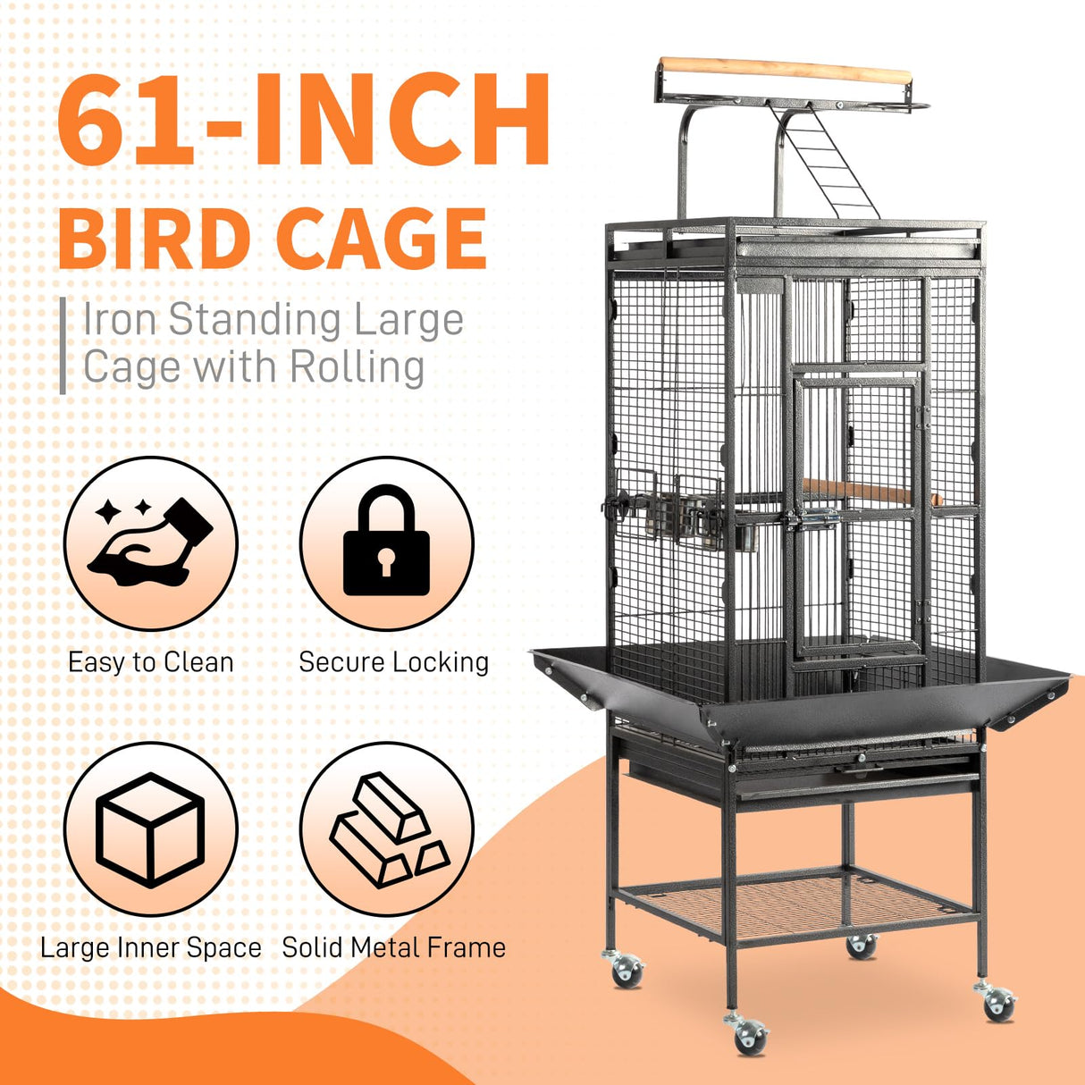 VINGLI Bird Cage with Rolling Stand for Parrots, Cockatiels, Budgies, Lovebirds, Small/Medium Birds (62“H with Play Top)