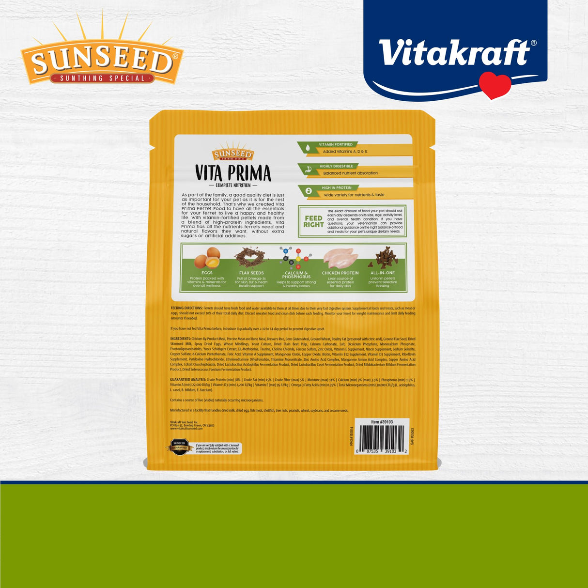 Sunseed Vita Prima Ferret Food - Dry Food for Ferrets - Vitamin-Fortified with Essential Nutrients - Supports Healthy Digestion and Healthy Teeth, 3 lb