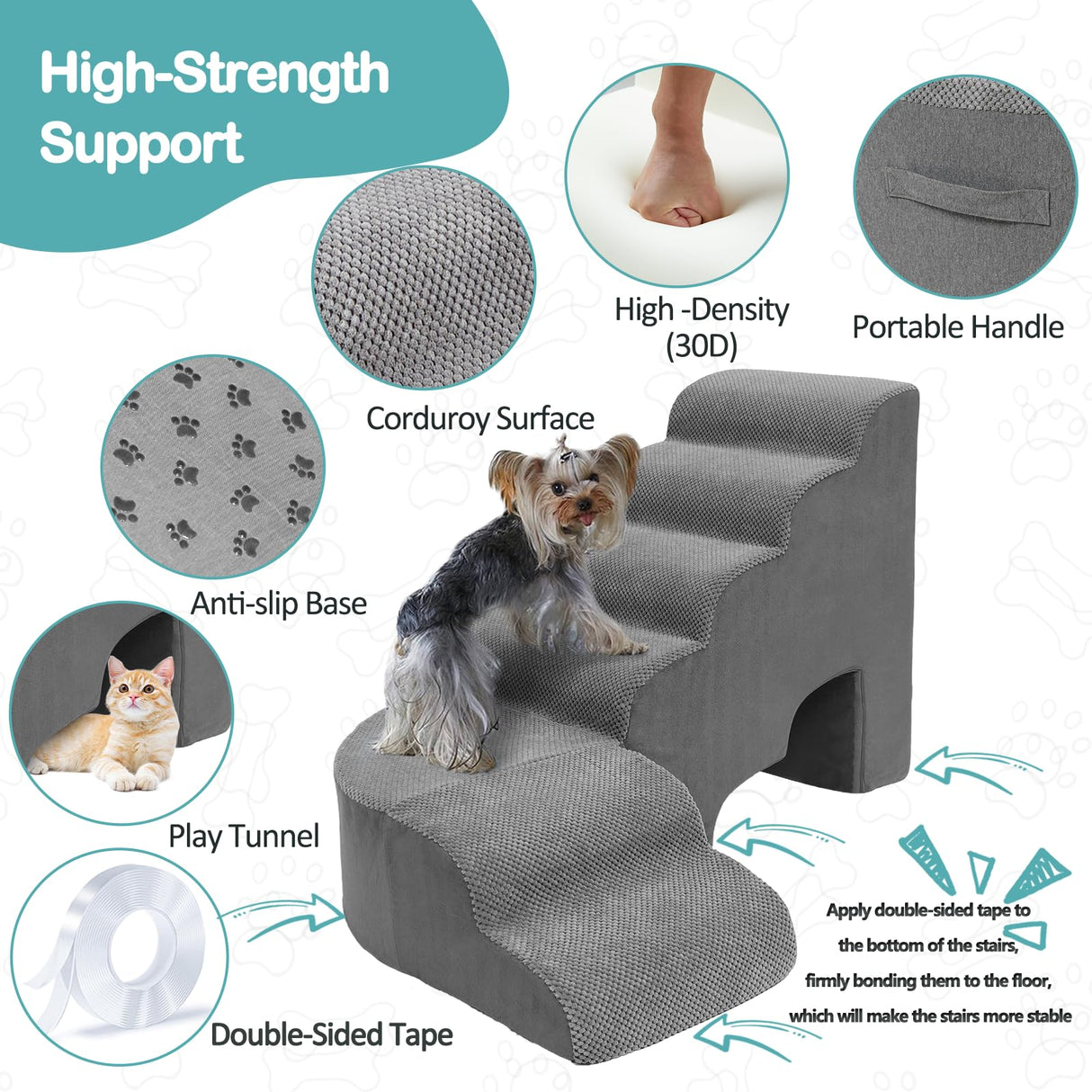LitaiL 27.5 inches Foam Pet Steps for High Beds, Steps for Dogs to Get on Bed, L Shape Pet Ramps for Bedside, 6 Tiers Stairs for Dogs to Get on Beds for Small Medium Large Dog