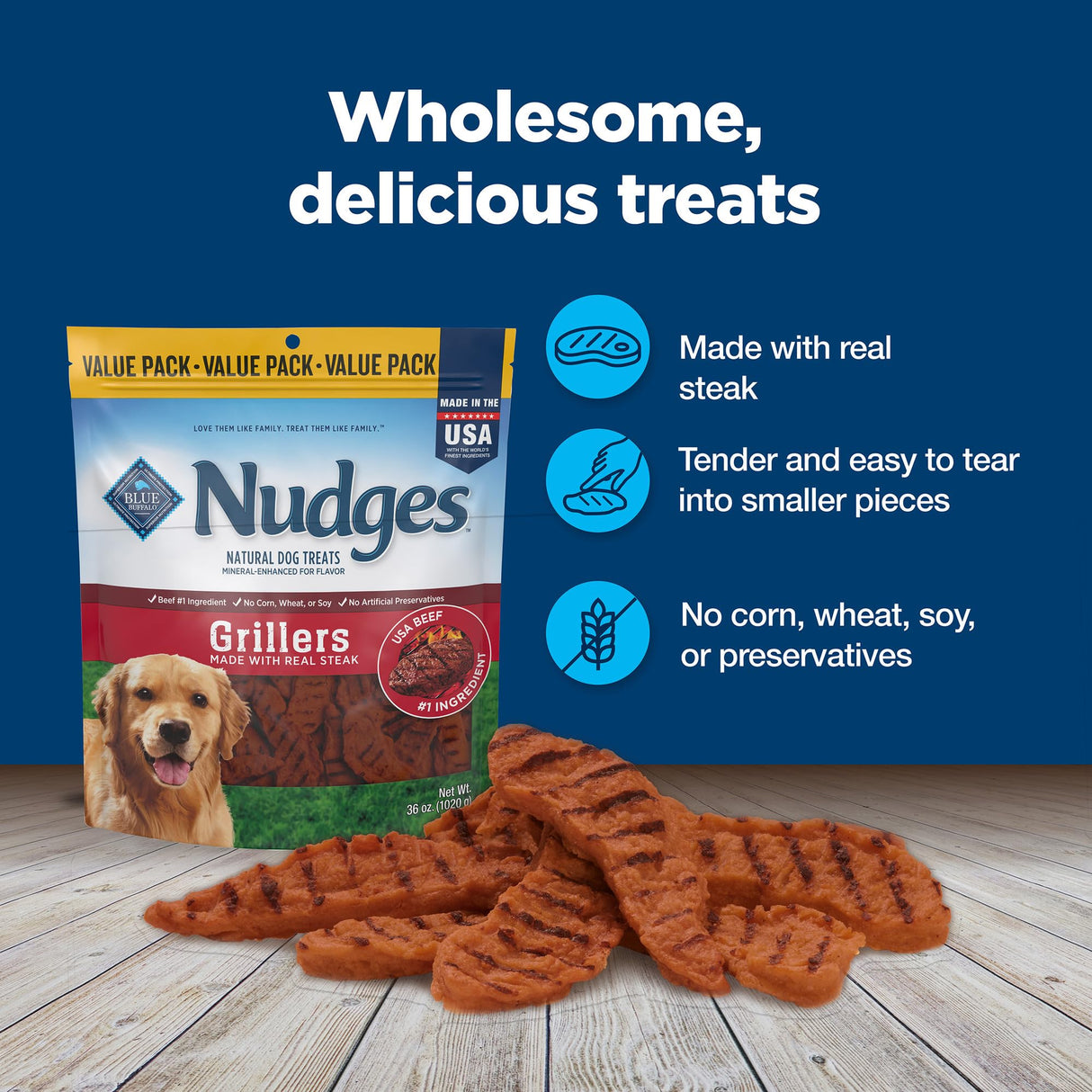 Blue Buffalo Nudges Grillers Natural Dog Treats with Real USA Beef, Made in the USA, Steak, 36-oz Bag