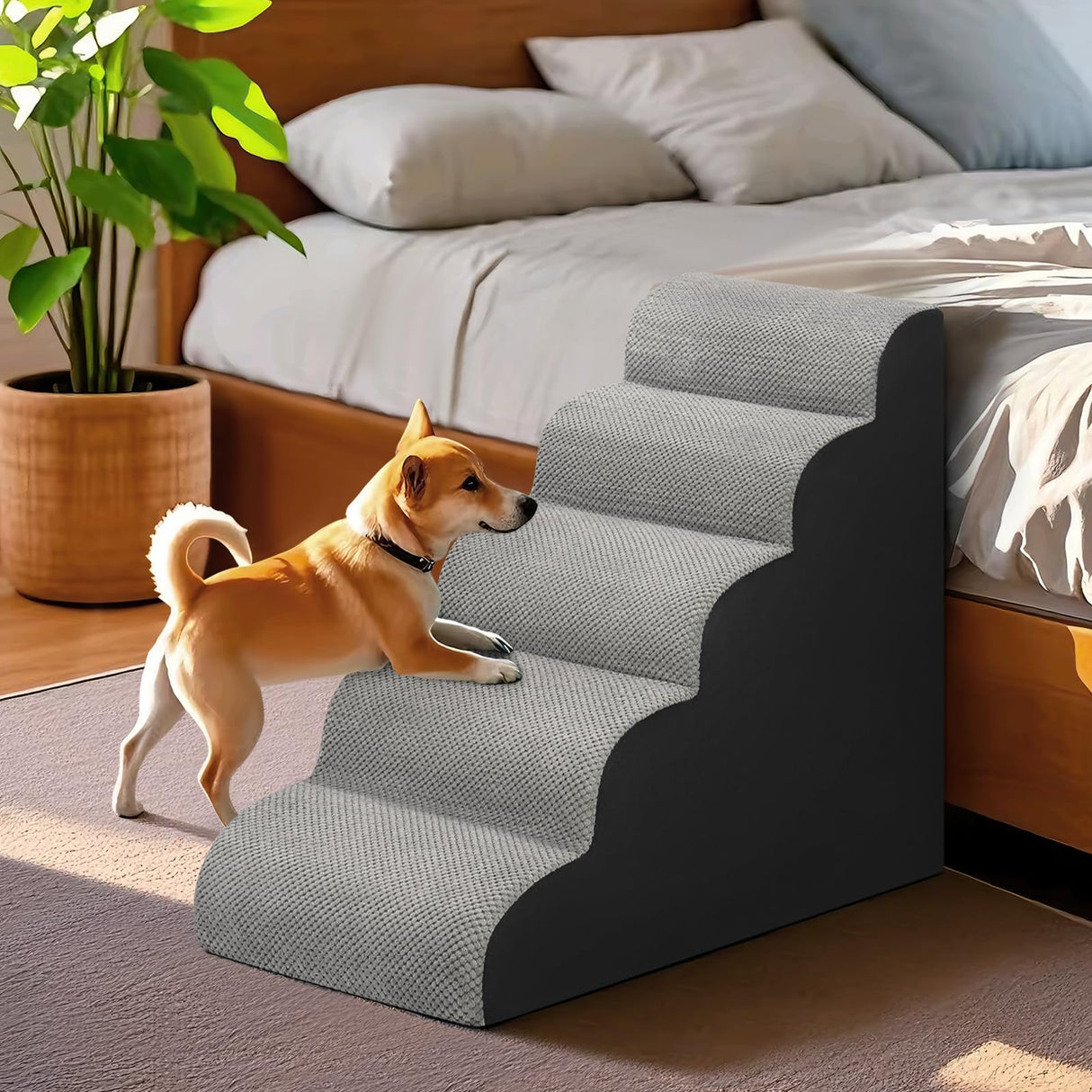 Dog Stairs for Bed 28.7”H, 5-Step Dog Ramp, Non-Slip Sturdy Pet Steps for Small Dogs & Cats to get on High Bed or Couches, Grey