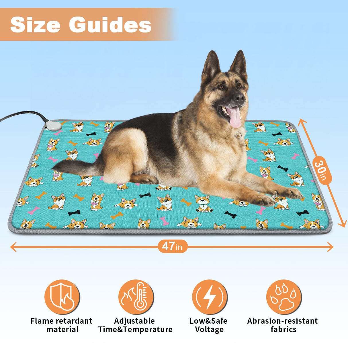 Large Pet Heating Pad (30x47in) Temperature Adjustable Dog Cat Heating Pad with Timer, Waterproof Heated Cat Bed Mat with Chew Resistant Cord
