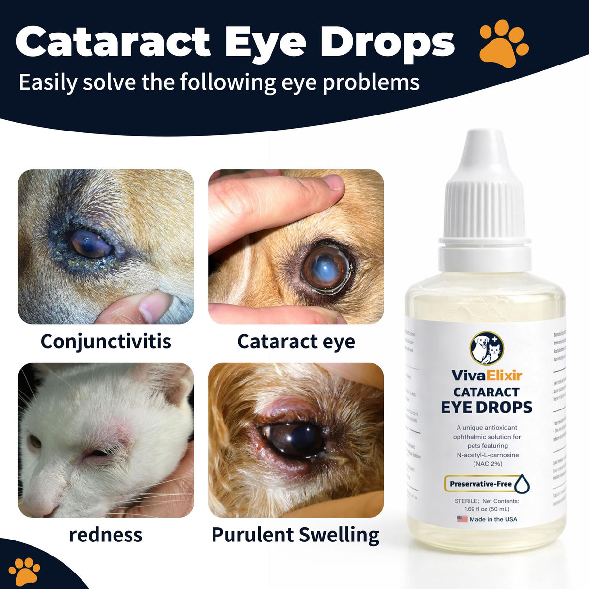 Dog Eye Drops, Cataract Eye Drops for Dogs, Daily Eye Care for Moisture, Comfort & Cleanliness, Tear Stain Support, Lubricating Ophthalmic Solution & Sodium Hyaluronate, Gentle Formul -50ML