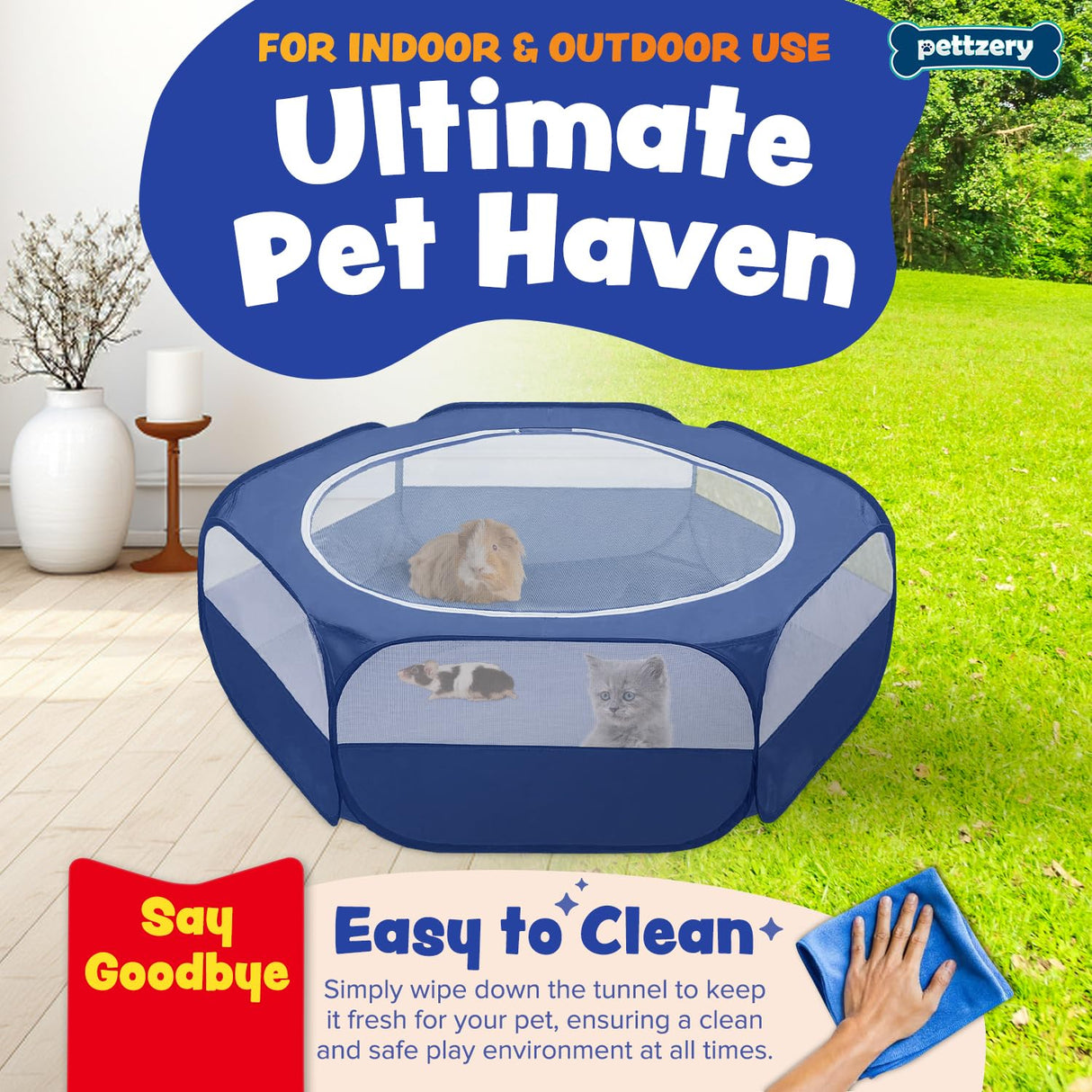 Small Animal Playpen with Zippered Top, Portable Waterproof Pet Cage (47"x23") for Kitten, Bunny, Guinea Pig, Hamster, Chicken Brooder, Indoor & Outdoor Exercise Pen, Foldable Design (Navy)