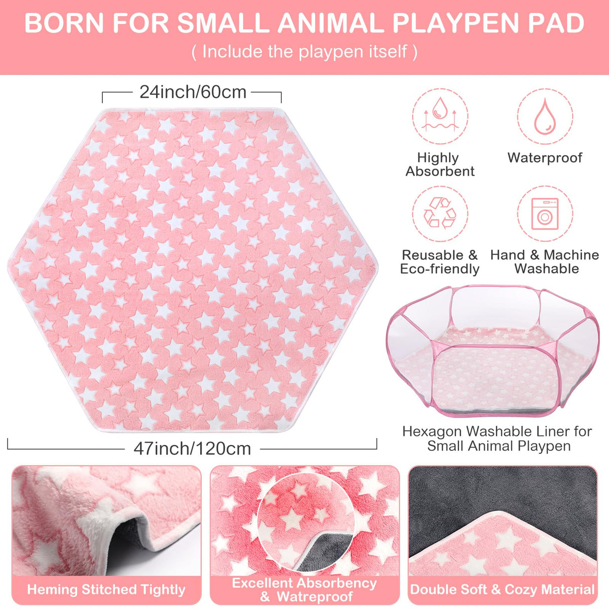 VitalCozy Hamster Playpen with Mat Small Animal Cage Tent Breathable Transparent Guinea Pig Playpen Waterproof Portable Yard Fence Mat Foldable Exercise Playpen Outdoor Indoor (Pink,Star)