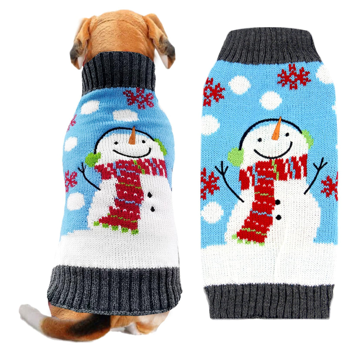 DOGGYZSTYLE Pet Christmas Dog Sweaters Cute Animal Snowman Printed Puppy Xmas Costumes Winter Warm Turtleneck Jumpers Puppy Knitted Clothes Cat Outfits (XXL, Blue Snowman)