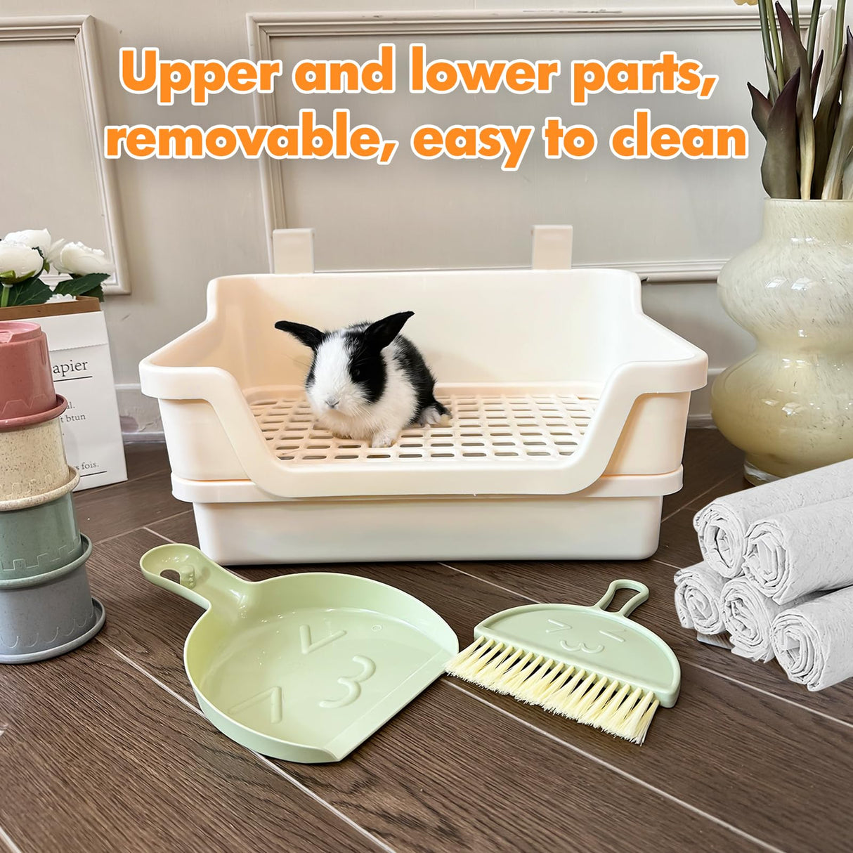 Yuoaes Large Rabbit Litter Box w/Plastic Grid & Dump Tray-Bunny Litter Pan Small Animal Potty Toilet - Pet Bunny Supplies Rabbit Cage Accessories for Training Corner Litter Box (Cream)