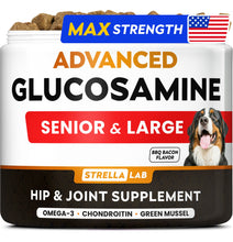 Load image into Gallery viewer, STRELLALAB Advanced Glucosamine Hip & Joint Supplement for Senior Dogs - Green Lipped Mussel & Collagen - Hip & Joint Pain Relief - Large & Small Breed - Joint Health - Bacon - 120 Chews