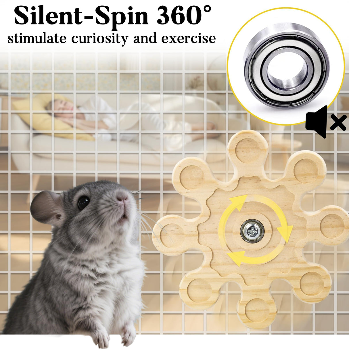 Jevnd 2pcs Rotating Natural Wood Chinchilla Chew Toys for Teeth, Interactive Enrichment Toys, Hanging Exercise Chinchilla Toys for Cage for Playtime, Spinner Cage Accessories Wheel