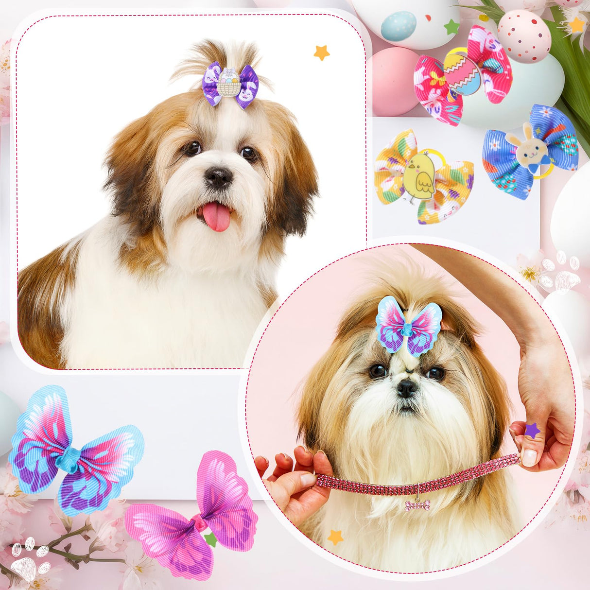 Wavwavw 52 Pieces Bulk Easter Dog Hair Bows with Rubber Bands Easter Dog Grooming Pastel Bows Egg Bunny Chicken Design Pet Accessories for Holiday Party Cute Pet Puppy Cat Hair Accessories