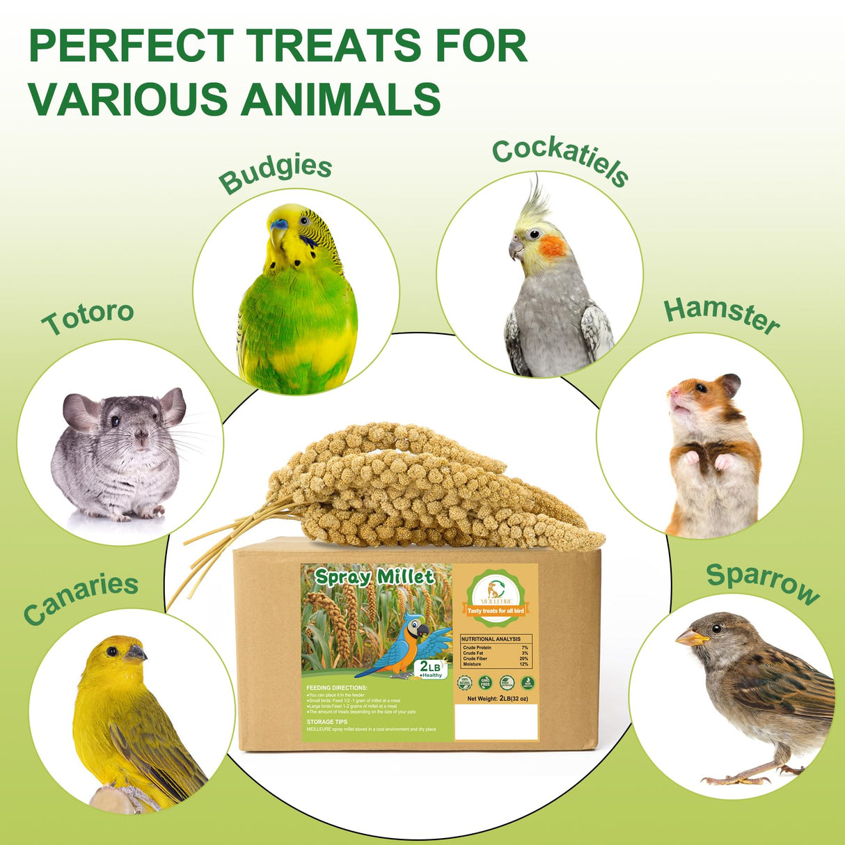 MEILLEURE 2LB Spray Millet Bird Treat for Parakeets, Natural Sun-Dried Birds Millet Spray for Parrots, Finches, Cockatiel, Budgie & Hamster, Bird Food Bulk