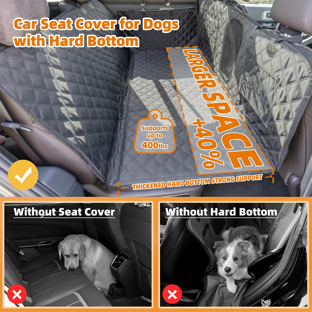 herberwe Back Seat Extender for Dogs, Hard Bottom Car Seat Cover for Dogs Supports 400lbs, Waterproof Backseat Protectors for Dog, Upgraded 1680D Heavy Duty Dog Hammock for SUV, Car, Truck (Black)