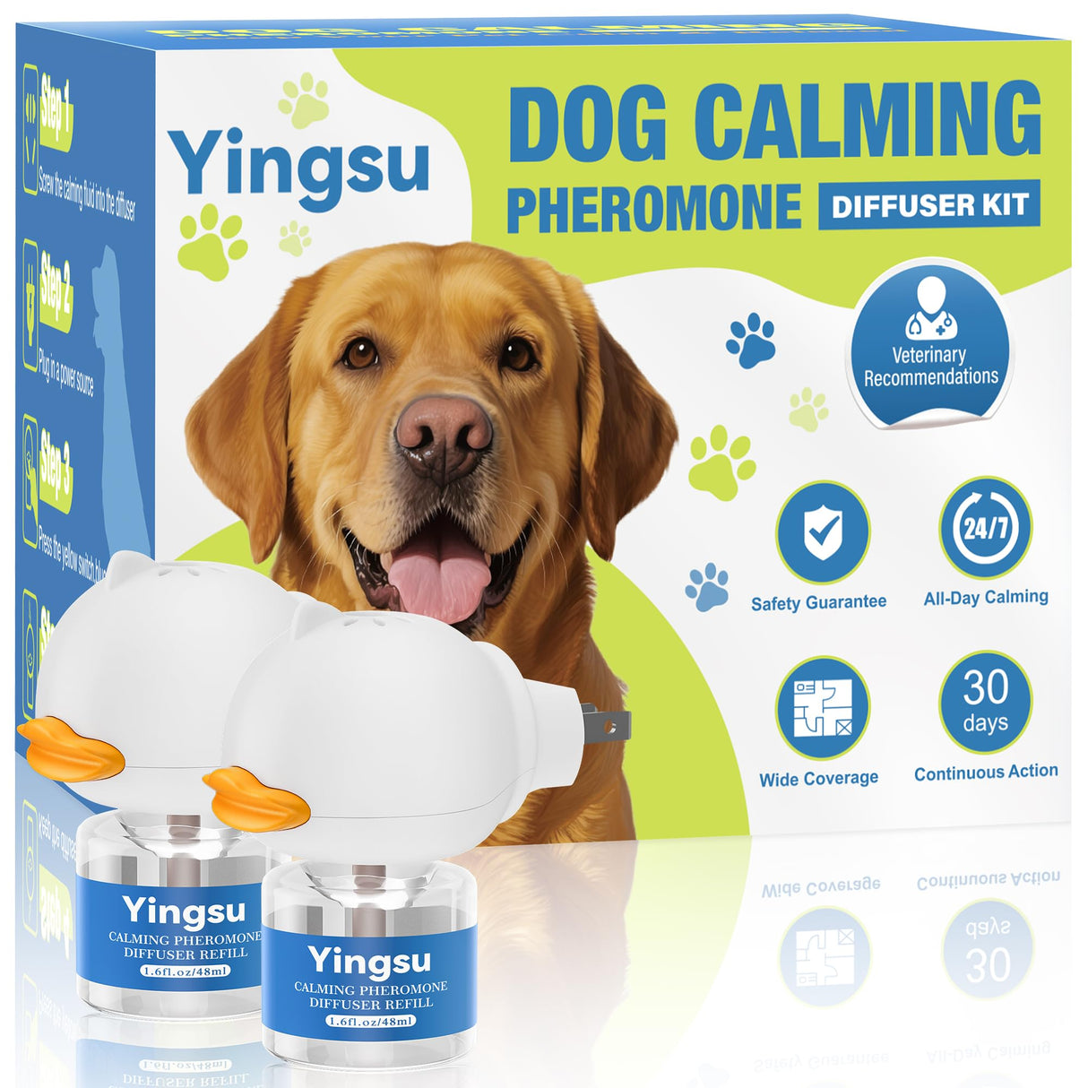 Yingsu Dog Calming Diffuser, 4 in 1 Puppy Pheromones Calming Diffuser, Relaxing Pheromone for Dogs Relief Stress Anxiety Reduce Aggression Barking, Help Train Dog to Pee, 2 Diffuser 2 Refill(48ml)