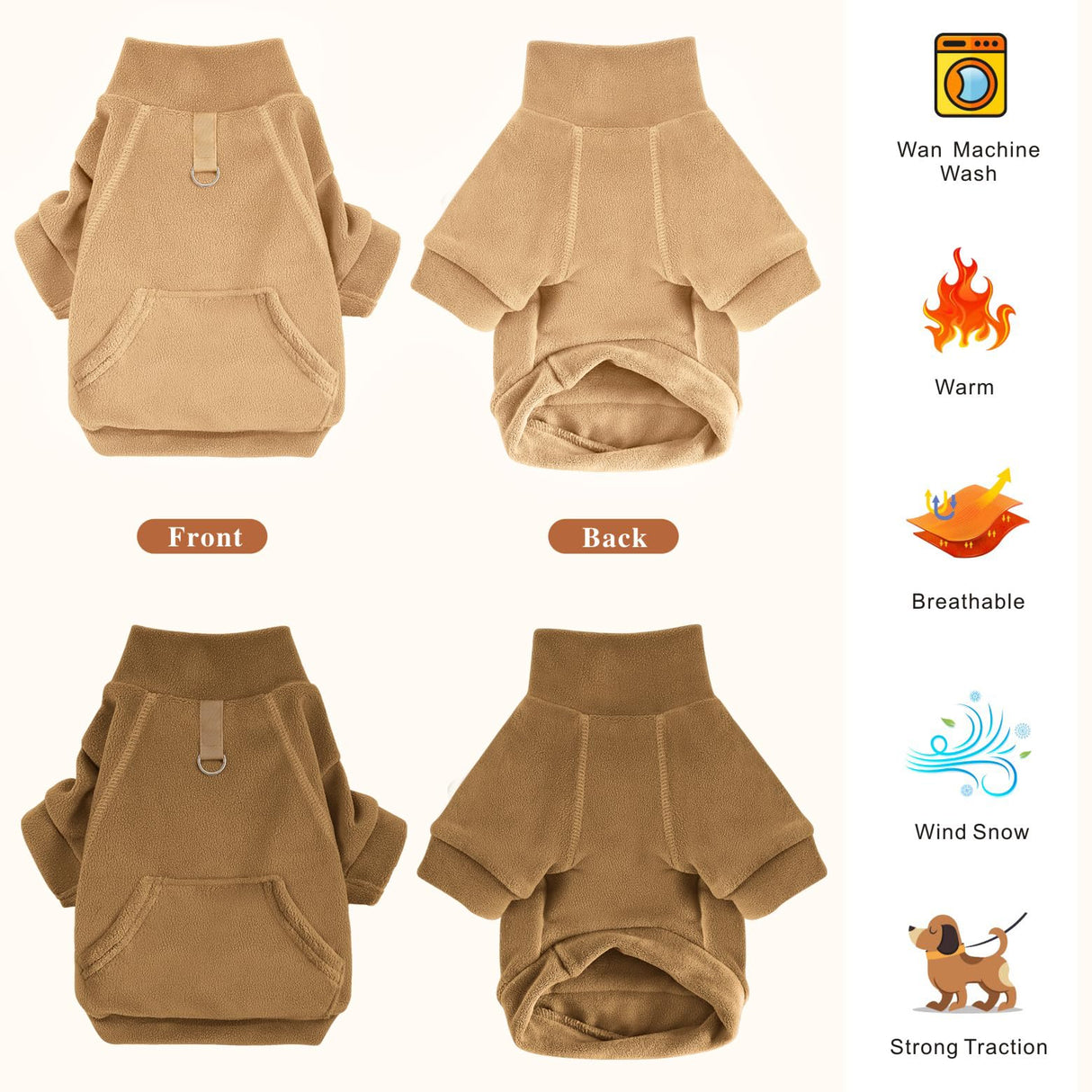 Idepet Fleece Dog Sweater 2 Pack, Winter Pet Clothes Turtleneck Sweatshirt with Leash Ring, Stretchy Small Dog & Cat Coat with Pocket (Khaki+Brown, XL)