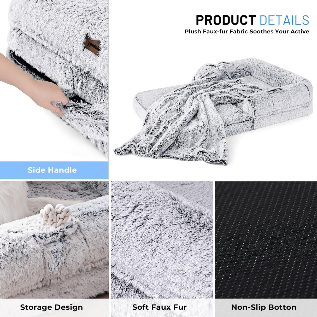 ZOMISIA Human Dog Bed for Adult, 2 in 1 Foldable Giant Dog Bed for People Fits Pet Families, Egg Foam Supportive Mat, Waterproof Liner, Faux Fur Human Size Pet Bed with Blanket, 71"x43"x10", Grey